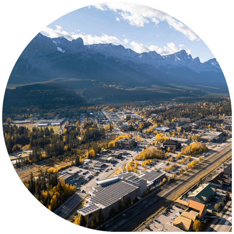 Mountain view of the town of Canmore, Alberta Canada